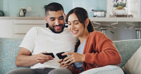 Couple, phone and credit card on sofa with smile for online shopping, deal or easy payment in home....