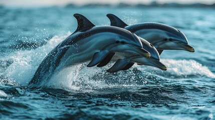 Obraz premium Three dolphins leaping from ocean waves.