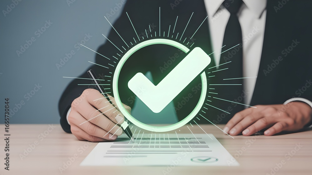 Aufkleber document review and quality control process concept. person using laptop with document and checkmark
