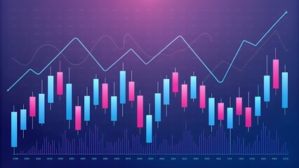 Abstract financial market candlestick chart with upward trend line