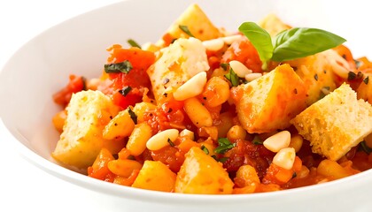 Close-up of a bowl of hearty tomato and bean stew with toasted bread cubes.