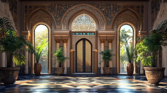 Intricate Moorish architecture with arched doorways and lush indoor plants - Powered by Adobe