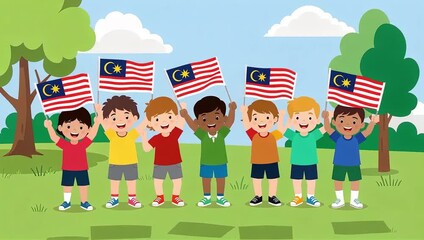 Cartoon animation of kids celebrating with Malaysian flags in the park