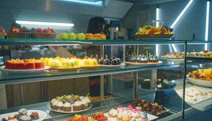 A display case overflowing with colorful pastries and desserts, showcasing a variety of flavors and textures.