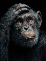 thoughtful chimpanzee exhibiting curiosity and introspection while scratching head against transparent background in natural posing style