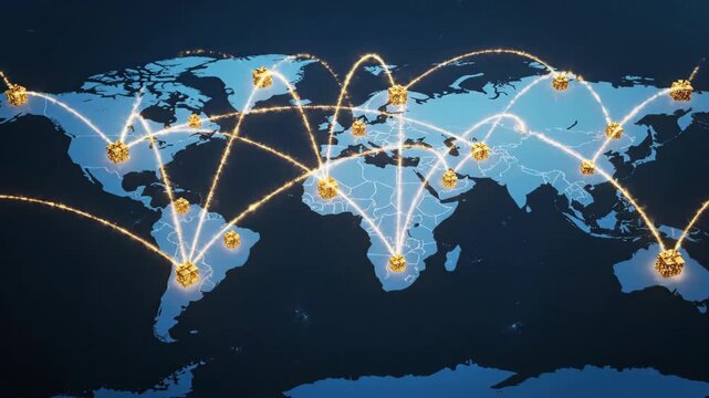 Global Gift Delivery Network - A world map displays a network of glowing lines connecting golden gift boxes across continents.