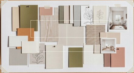 Creative interior design mood board with earthy color palette swatches, natural textures, and inspiration for home renovation project.