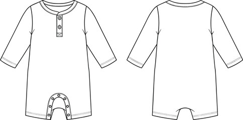 Baby romper vector flat sketch with button placket, snap closure, long sleeves, unisex infant clothing design template