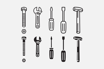 Mechanic garage toolkit outline and solid icon set. Workshop equipment line art and glyph symbol collection. Wrenches, Screwdrivers, Hammers, Bolts, Nuts. Vector illustration