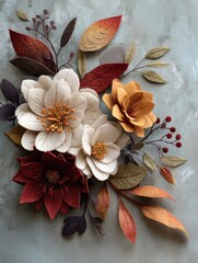 Fototapeta premium felt flowers and autumn leaves flat lay floral arrangement