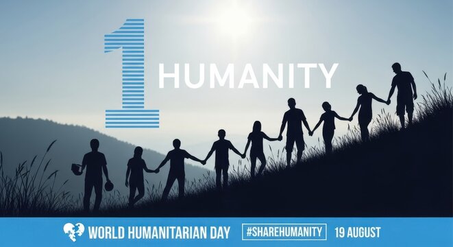 Silhouettes of people holding hands on a hill, representing unity and support for world humanitarian day - Powered by Adobe