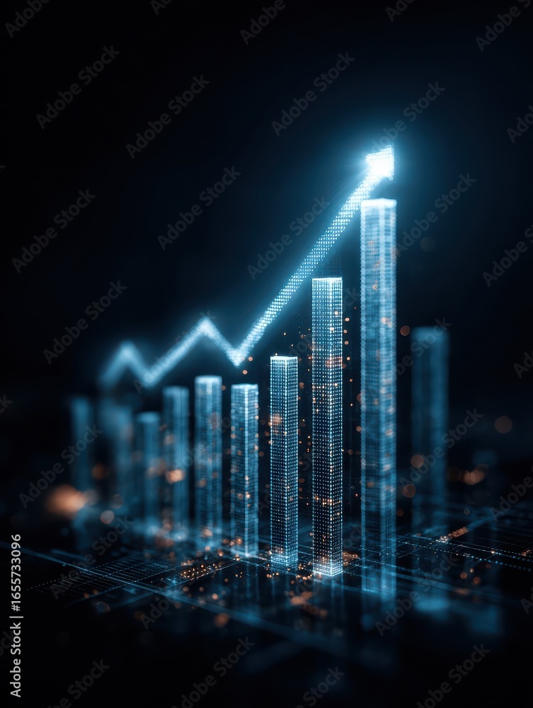Poster a digital art image shows a bar graph with an upwardpointing arrow all rendered in a glowing blue hu