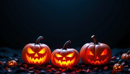 Fototapeta premium Four Halloween pumpkins positioned in front of a backdrop that includes what appears to be a dark, night time setting with a hint of fallen leaves, possibly suggesting autumn