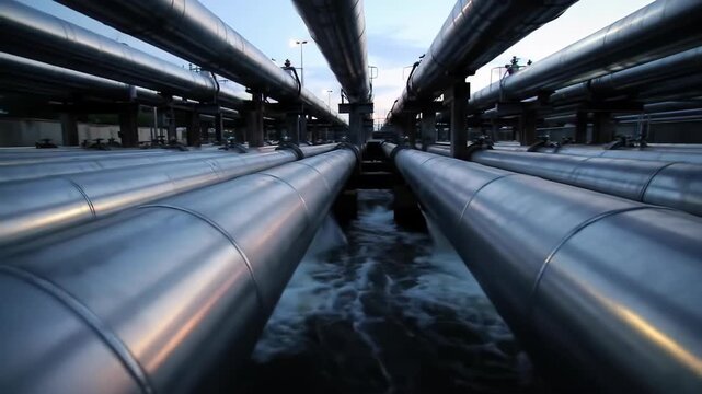 Industrial Pipes Metallic Structure and Water Flow in an Industrial Setting