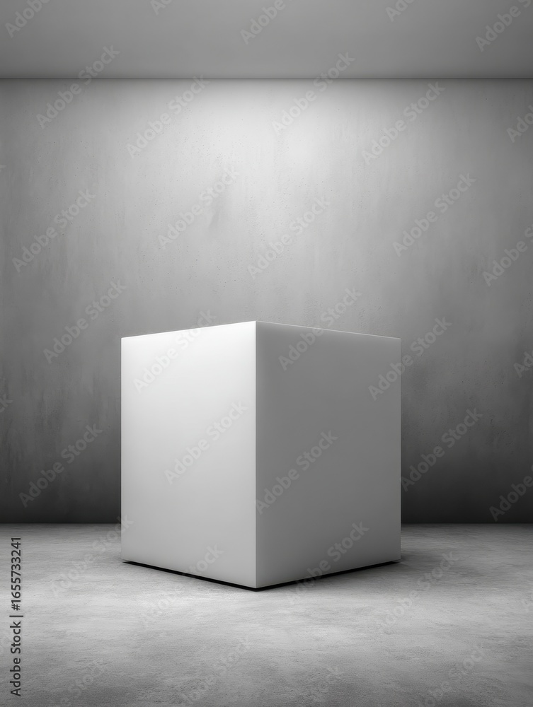 Poster minimalist white cube in an empty room with soft shadows and neutral tones mockup of a box with a bl