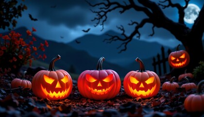 An autumnal Halloween night scene with four jack o' lanterns and a haunted backdrop featuring a tree, gravestones, and a moonlit sky.