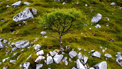 Single tree amidst a landscape of rocks and moss.