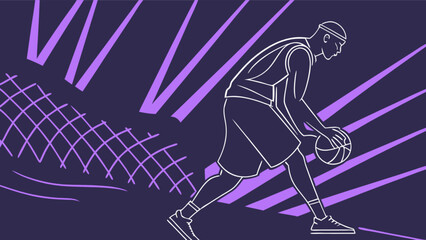 Basketball player dribbling ball vector illustration sports athlete outline drawing purple background design graphic