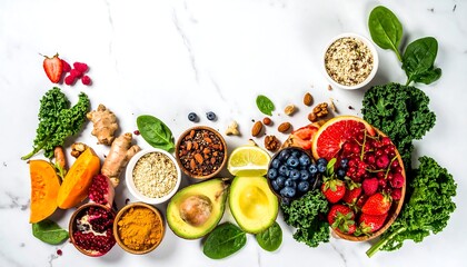 Vibrant array of healthy foods on marble