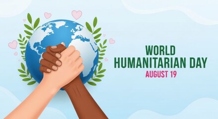 World humanitarian day diverse hands shaking over a globe, representing global unity and cooperation