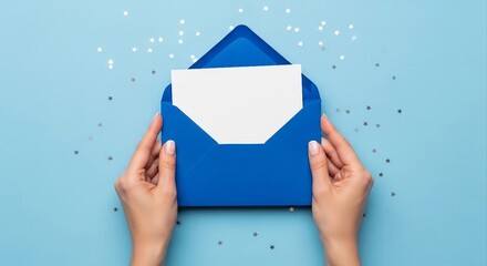Blank Card in Blue Envelope Held by Hands | Invitation Template Mockup for Birthday, Wedding, Party or Business Announcement