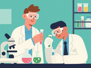 Vector flat design of scientists in a pharmaceutical laboratory testing chemical compounds, wearing lab coats and safety goggles