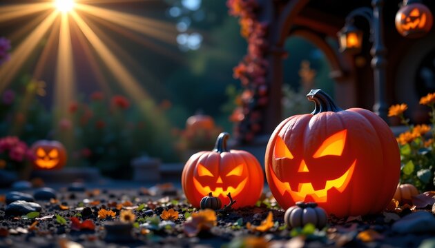A Halloween themed display featuring three jack o' lanterns and autumnal leaves in a garden setting during what appears to be sunrise or sunset.
