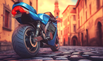 Blue Sportbike on Cobblestone Street at Sunset