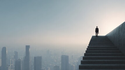ambition concept with confident businessman on the top of stairway and looking on city skyscrapers no logos no brands ar 169