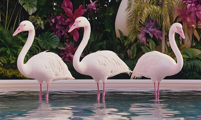Three elegant flamingos stand gracefully in shallow water, surro