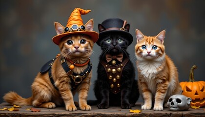 Three cats posed as anthropomorphized Halloween characters
