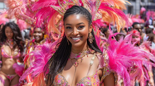 Beautiful dancer in feathered costume smiling at Brooklyn West Indian Day Festival parade, showcasing vibrant Caribbean culture, dance, and tradition with pink carnival feathers and accessories.