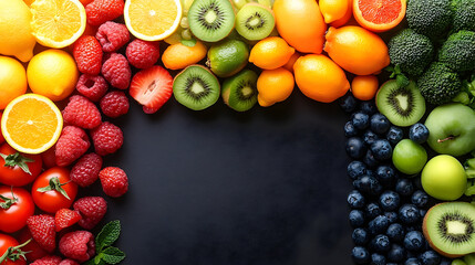 Vibrant Rainbow of Fresh Fruits and Vegetables on Dark Backgroun