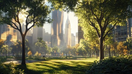 Golden Dawn Over a Serene Urban Park with a Glistening City Skyline