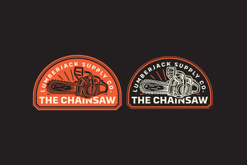 Chainsaw tools retro badge logo vector design set for adventure and outdoors. Wood cutting equipment vintage emblem logo graphic collections. Lumberjack chainsaw illustration label element designs