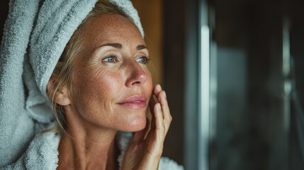 headshot of gorgeous mid age adult 50 years old blonde woman standing in bathroom after shower touching face looking at reflection in mirror doing morning beauty routine older skin care concept no lo