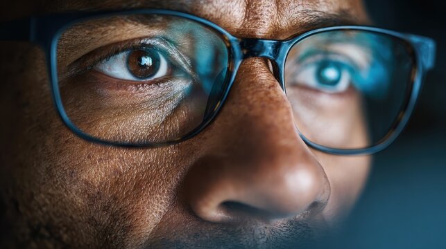 close up view of focused businessman wears computer glasses for reducing eye strain blurred vision looking at pc screen with computer reflection using internet reading watching working online late no - Powered by Adobe