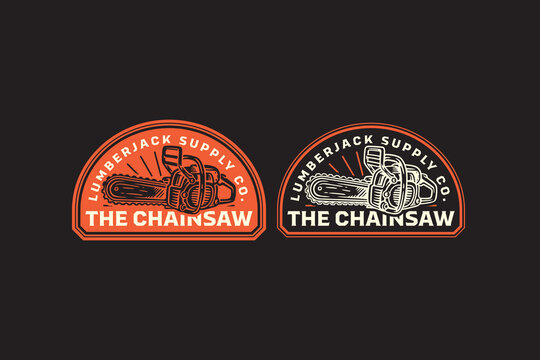 Chainsaw tools retro badge logo vector design set for adventure and outdoors. Wood cutting equipment vintage emblem logo graphic collections. Lumberjack chainsaw illustration label element designs