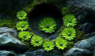 Lush Green Flowers Encircling Dark Rock Crevice