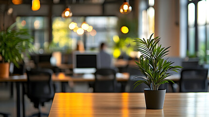 Potted palm on a polished desk in a modern, sunlit open office s