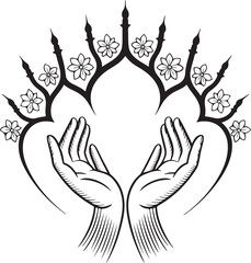 Elegant Vector Design Featuring Praying Hands Framed by Floral Accents and Minaret Silhouettes for a Spiritual or Cultural Theme