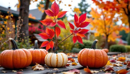 A fall autumnal scene with pumpkins in front.
