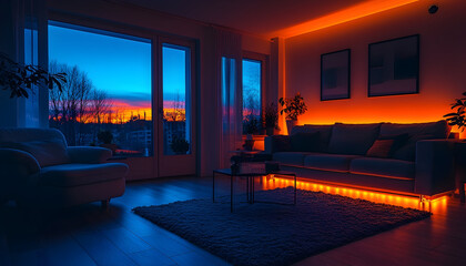 Sunset Glow Meets Modern Interior: A Cozy Living Room with Ambie
