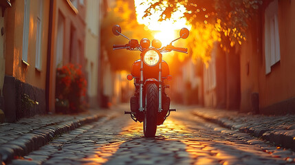 Motorcycle Centered on Cobblestone Street with Golden Sunset Lig