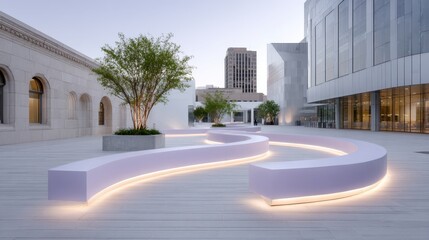 Fototapeta premium Modern urban landscape featuring a curved illuminated bench in a public plaza at dusk with buildings in the background