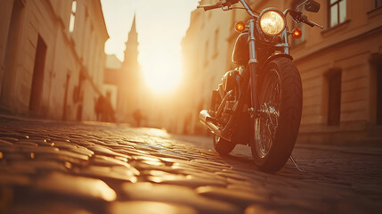 Motorcycle on Cobblestone Street at Sunset with Warm Golden Ligh