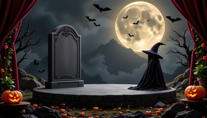 A Halloween themed stage set against a night sky backdrop with silhouettes of bats flying in front of a full moon