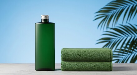 Serene green bottle with plush towels evokes spa relaxation