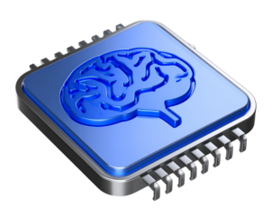 3D Futuristic AI Brain Chip Icon with Metallic Glow, isolated on transparent background PNG