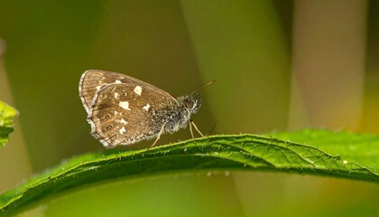 Close-up of a small, speckled butterfly resting gracefully on a vibrant green leaf, showcasing intricate details of its wings and delicate body against a blurred, natural backdrop.